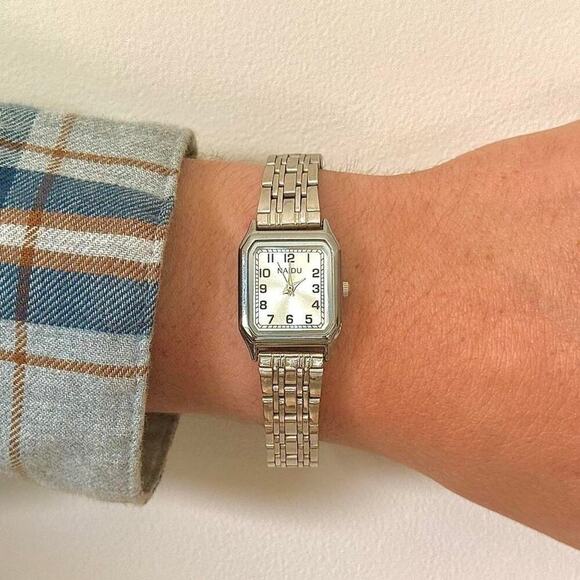 Y2K Silver Rectangle Quartz Watch with Black Numbers Unisex 8.5" New - Picture 2 of 6